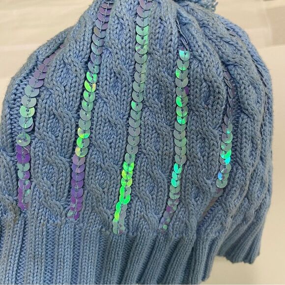 Children’s Place Cotton Cable Knit Winter Hat Blue Sequins Pom Girls Size 7-8 - Picture 5 of 10